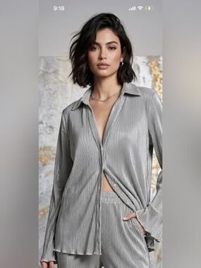 Fore Pleated Metallic Silver Button-Down Shirt